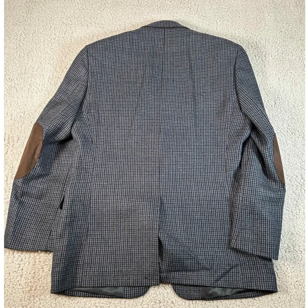 Chaps Mens 40R‎ Wool Blazer Sport Coat Blue Houndstooth Elbow Patches 100% Wool
